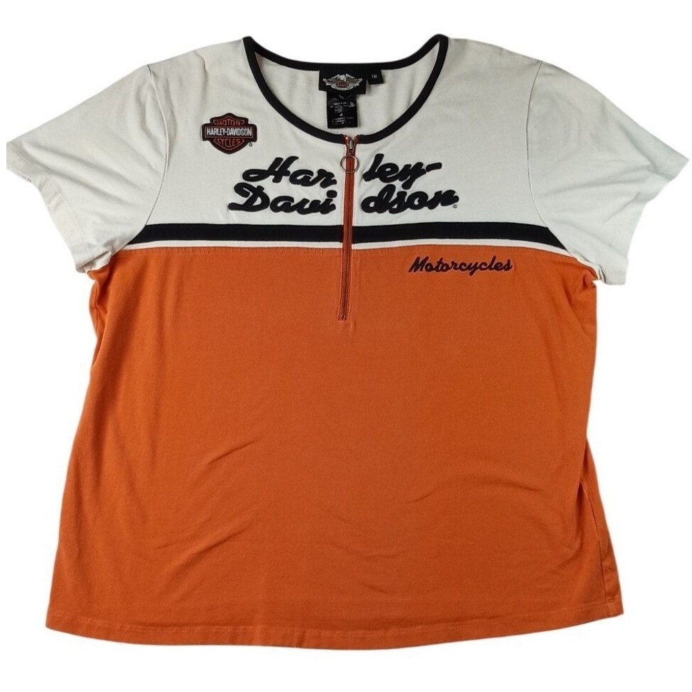 Harley Davidson Motorcycles Women's Orange White Quarter Zip Shirt